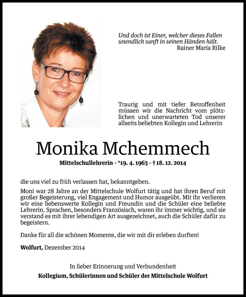  Todesanzeige für Monika Mchemmech vom 19.12.2014 aus Vorarlberger Nachrichten