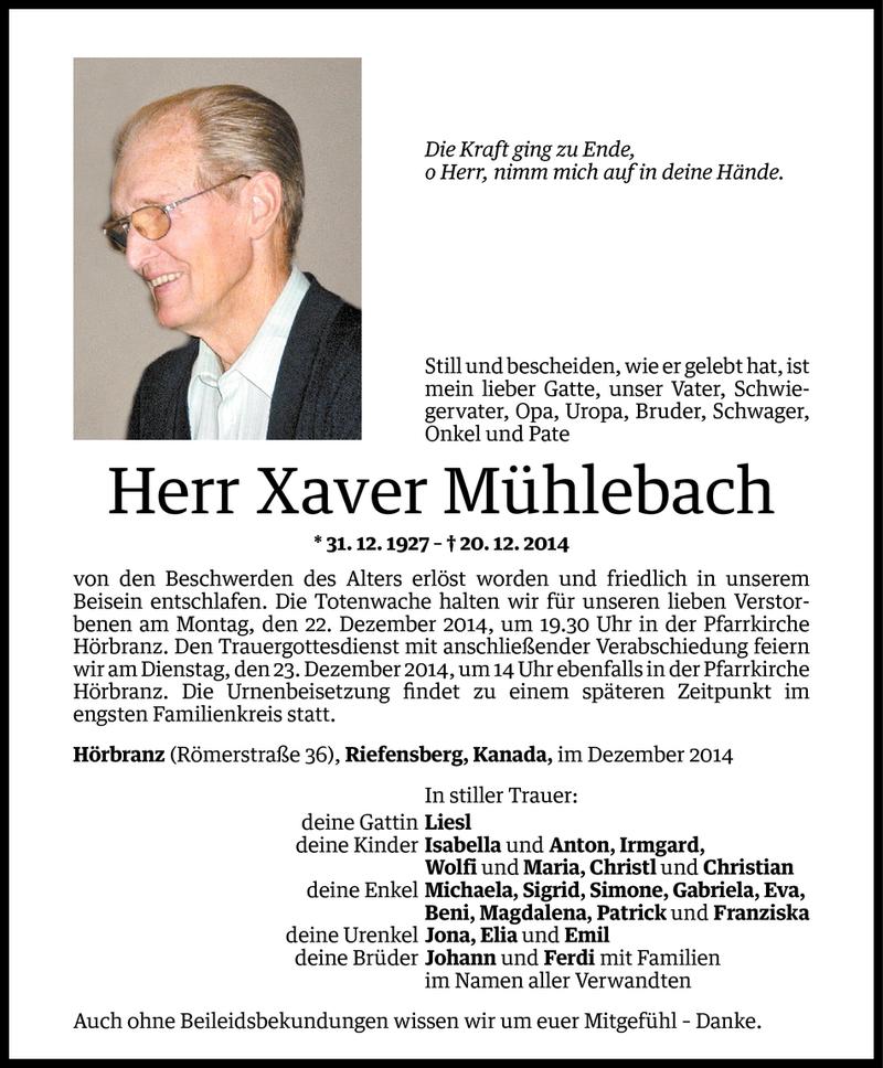  Todesanzeige für Xaver Mühlebach vom 21.12.2014 aus Vorarlberger Nachrichten