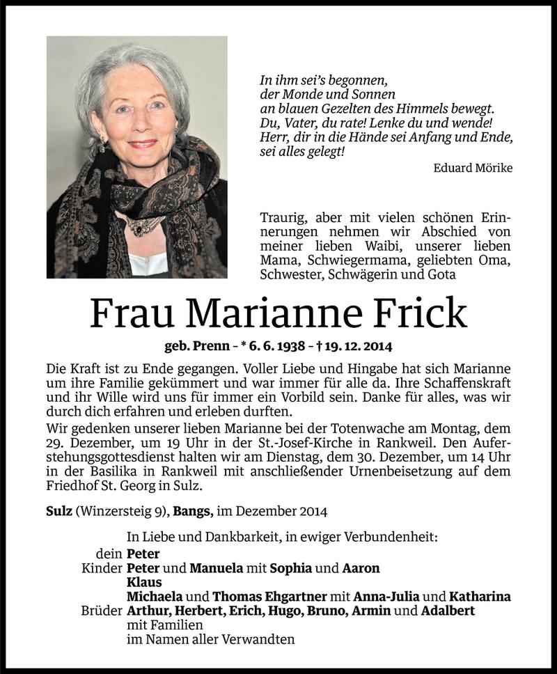  Todesanzeige für Marianne Frick vom 24.12.2014 aus Vorarlberger Nachrichten