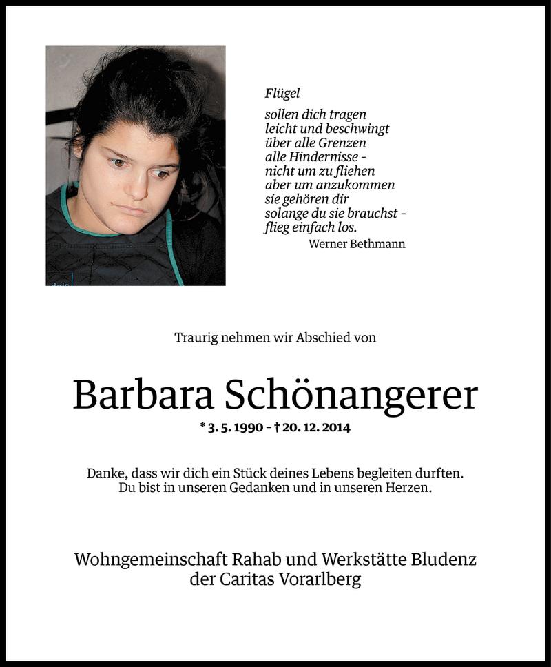  Todesanzeige für Barbara Maria Schönangerer vom 22.12.2014 aus Vorarlberger Nachrichten