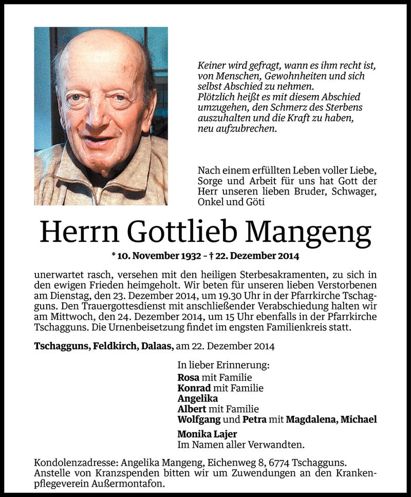  Todesanzeige für Gottlieb Mangeng vom 22.12.2014 aus Vorarlberger Nachrichten