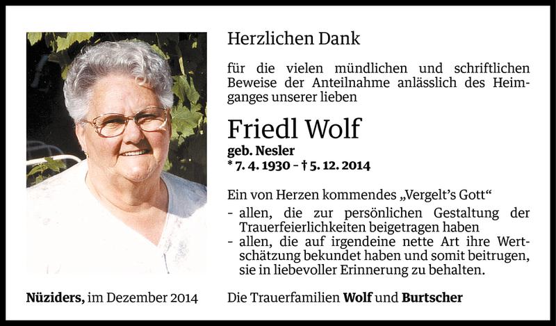  Todesanzeige für Friedl Wolf vom 23.12.2014 aus Vorarlberger Nachrichten