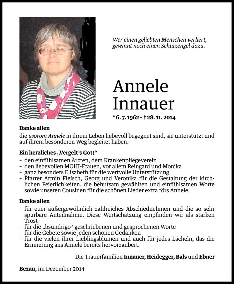  Todesanzeige für Annele Innauer vom 23.12.2014 aus Vorarlberger Nachrichten