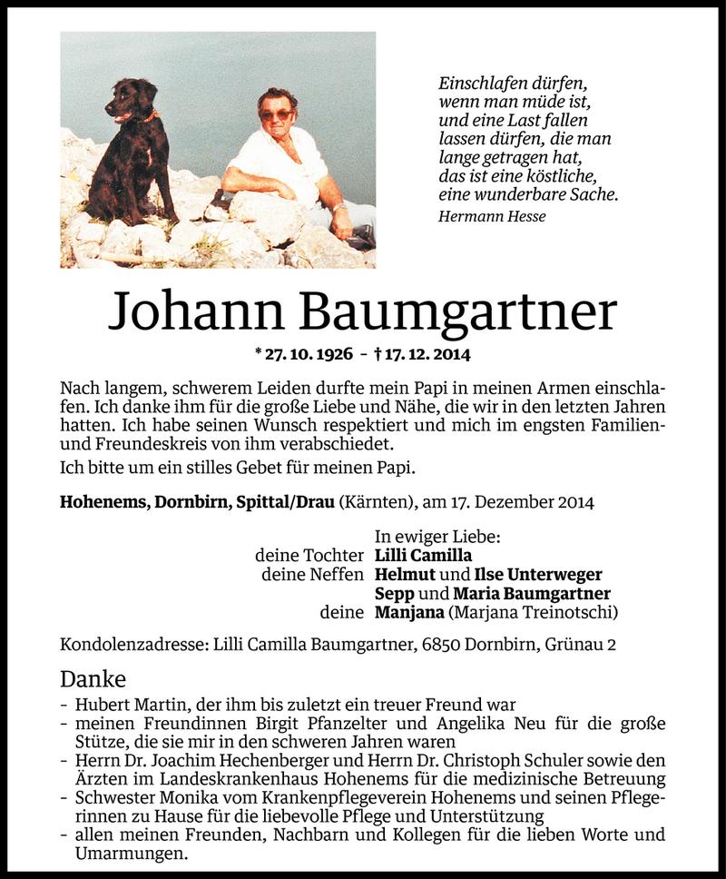  Todesanzeige für Johann Baumgartner vom 24.12.2014 aus Vorarlberger Nachrichten