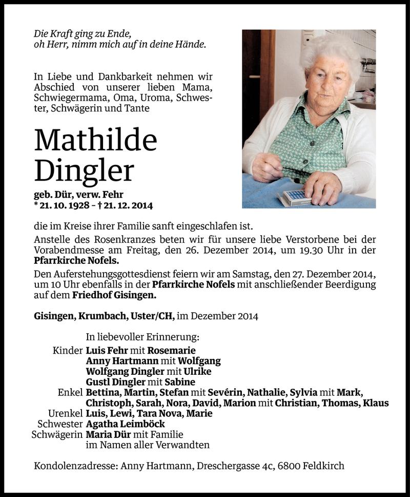  Todesanzeige für Mathilde Dingler vom 23.12.2014 aus Vorarlberger Nachrichten