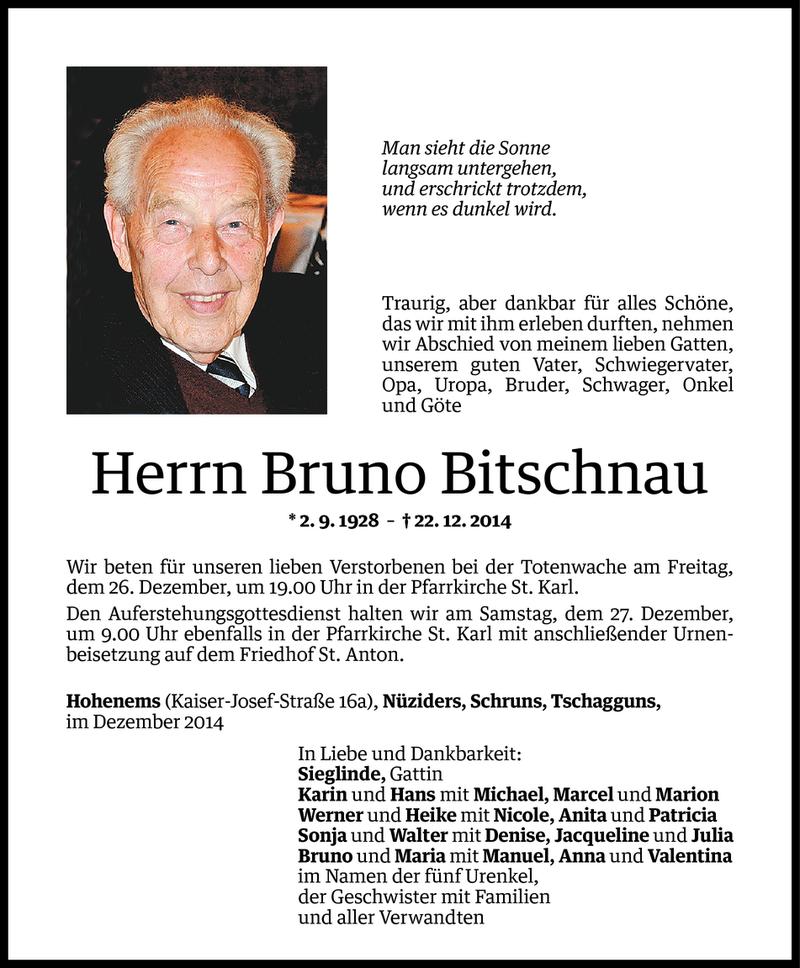  Todesanzeige für Bruno Bitschnau vom 24.12.2014 aus Vorarlberger Nachrichten