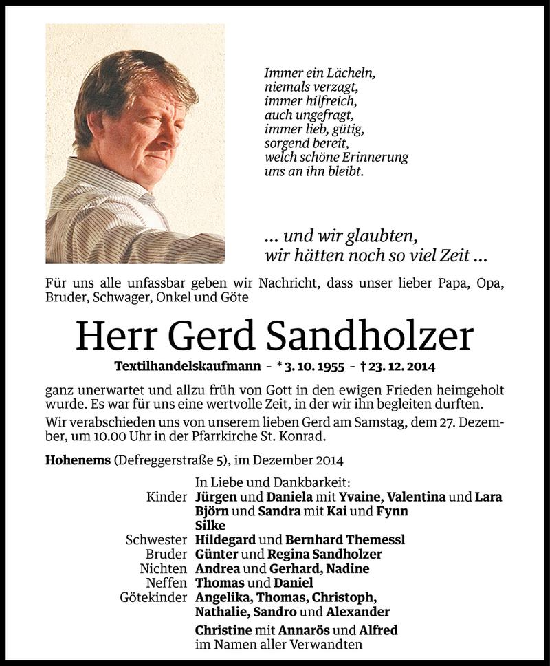  Todesanzeige für Gerd Sandholzer vom 24.12.2014 aus Vorarlberger Nachrichten