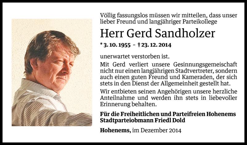  Todesanzeige für Gerd Sandholzer vom 24.12.2014 aus Vorarlberger Nachrichten