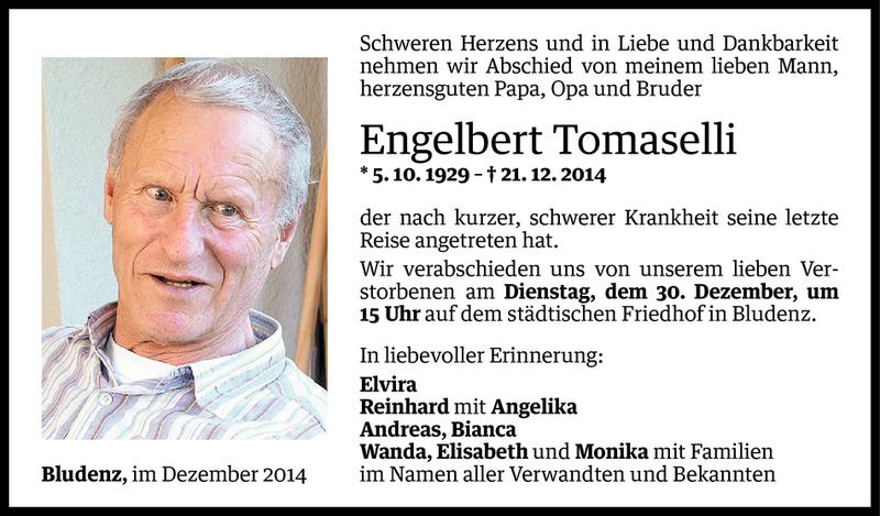  Todesanzeige für Engelbert Tomaselli vom 27.12.2014 aus Vorarlberger Nachrichten