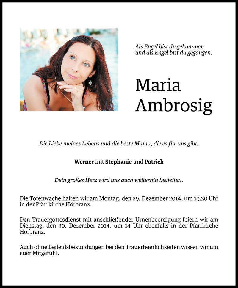  Todesanzeige für Maria Ambrosig vom 26.12.2014 aus Vorarlberger Nachrichten