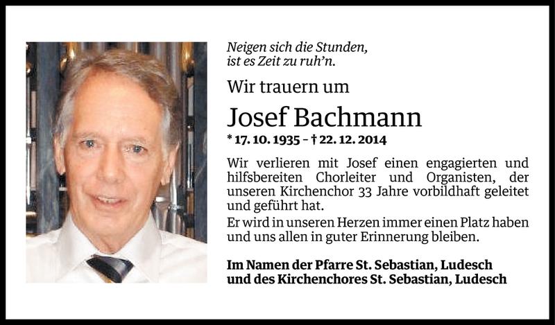  Todesanzeige für Josef Bachmann vom 26.12.2014 aus Vorarlberger Nachrichten