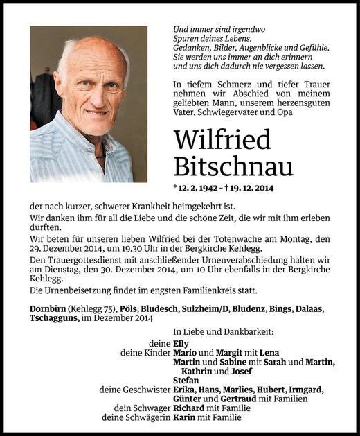 Todesanzeige von Wilfried Bitschnau von Vorarlberger Nachrichten