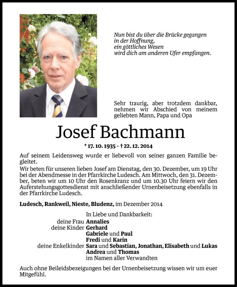  Todesanzeige für Josef Bachmann vom 26.12.2014 aus Vorarlberger Nachrichten