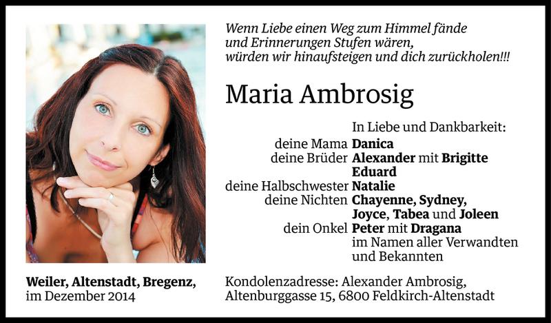  Todesanzeige für Maria Ambrosig vom 26.12.2014 aus Vorarlberger Nachrichten