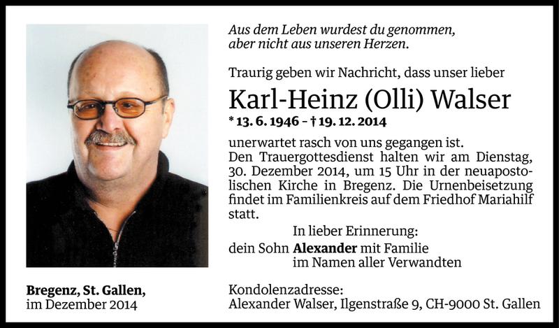  Todesanzeige für Karl-Heinz Walser vom 26.12.2014 aus Vorarlberger Nachrichten