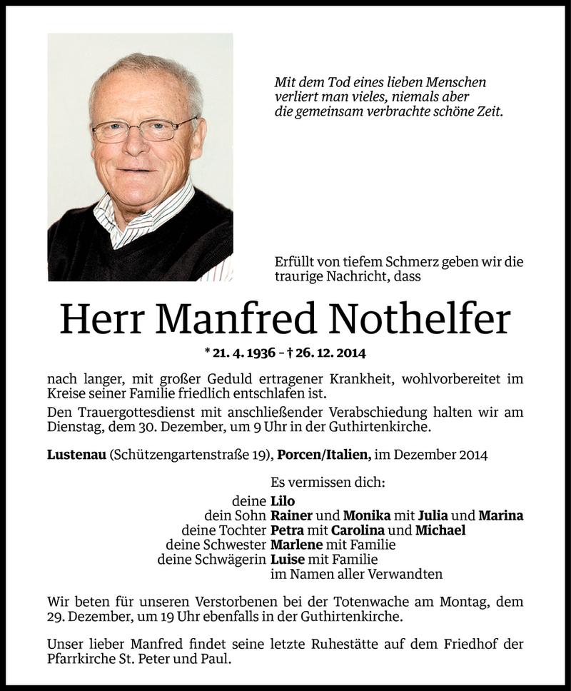  Todesanzeige für Manfred Nothelfer vom 26.12.2014 aus Vorarlberger Nachrichten