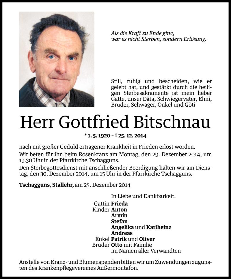  Todesanzeige für Gottfried Bitschnau vom 26.12.2014 aus Vorarlberger Nachrichten