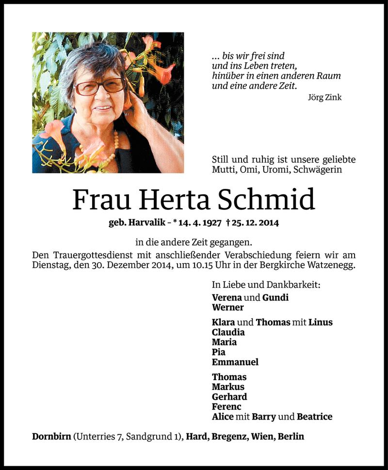  Todesanzeige für Herta Schmid vom 26.12.2014 aus Vorarlberger Nachrichten