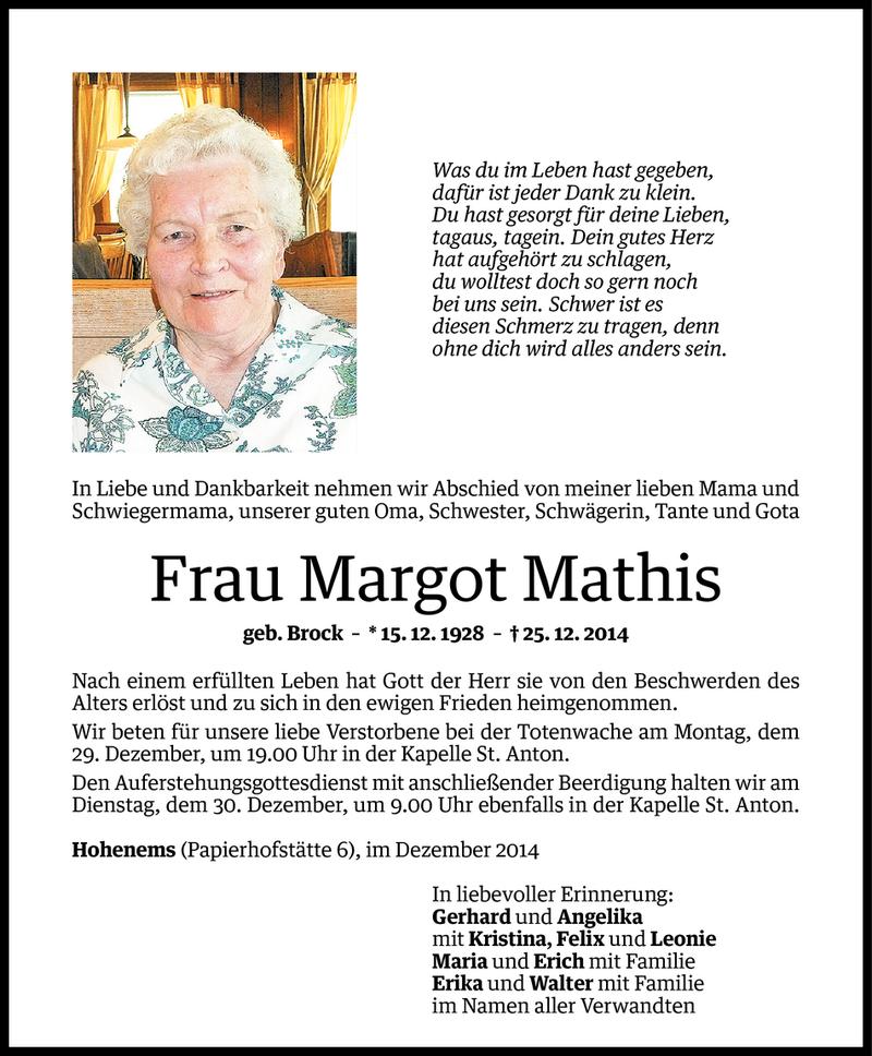  Todesanzeige für Margot Mathis vom 27.12.2014 aus Vorarlberger Nachrichten