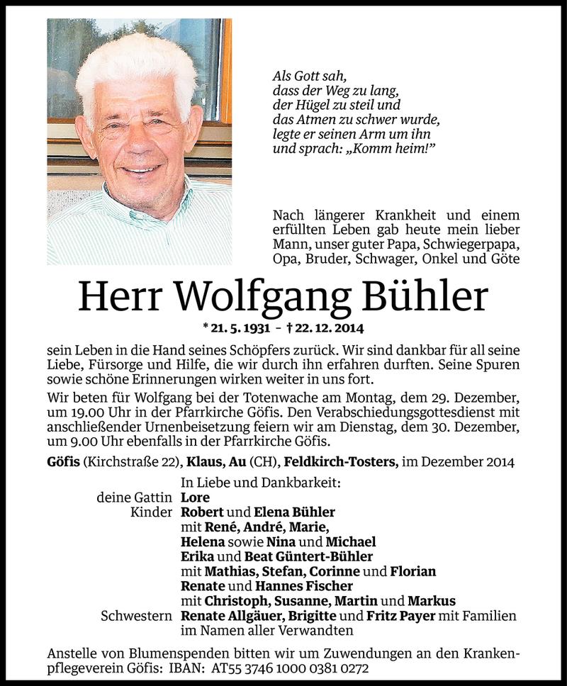  Todesanzeige für Wolfgang Bühler vom 27.12.2014 aus Vorarlberger Nachrichten
