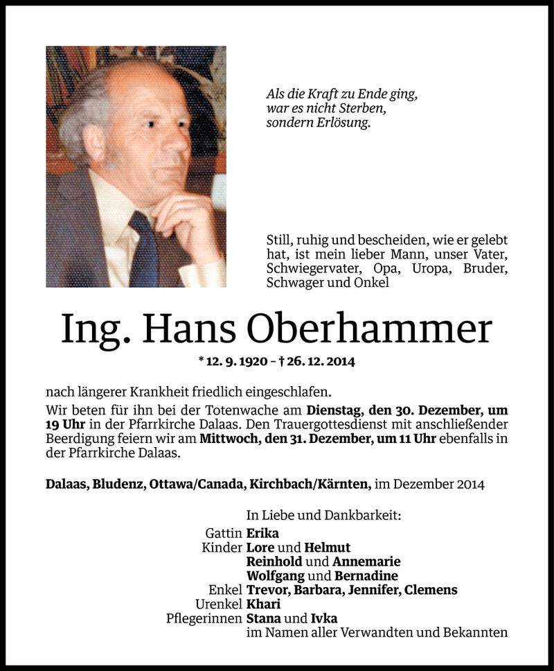  Todesanzeige für Hans Oberhammer vom 29.12.2014 aus Vorarlberger Nachrichten