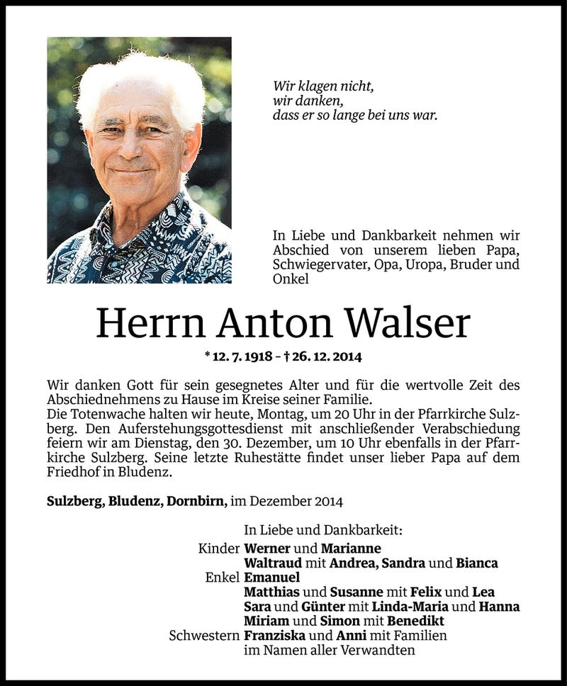  Todesanzeige für Anton Walser vom 28.12.2014 aus Vorarlberger Nachrichten