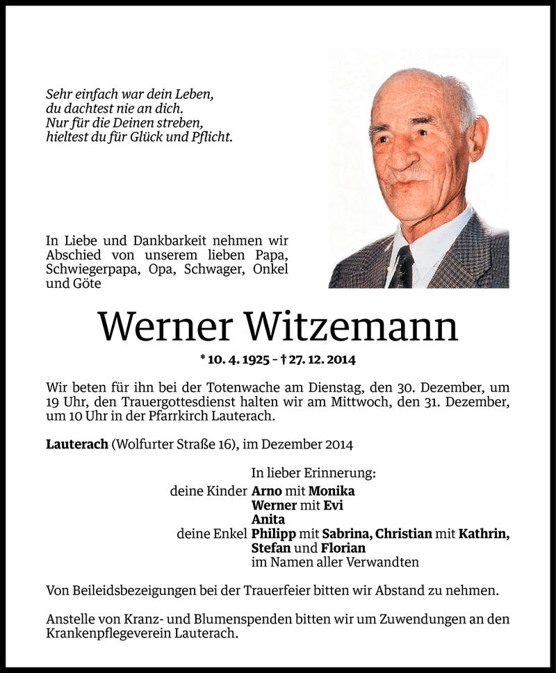  Todesanzeige für Werner Witzemann vom 28.12.2014 aus Vorarlberger Nachrichten