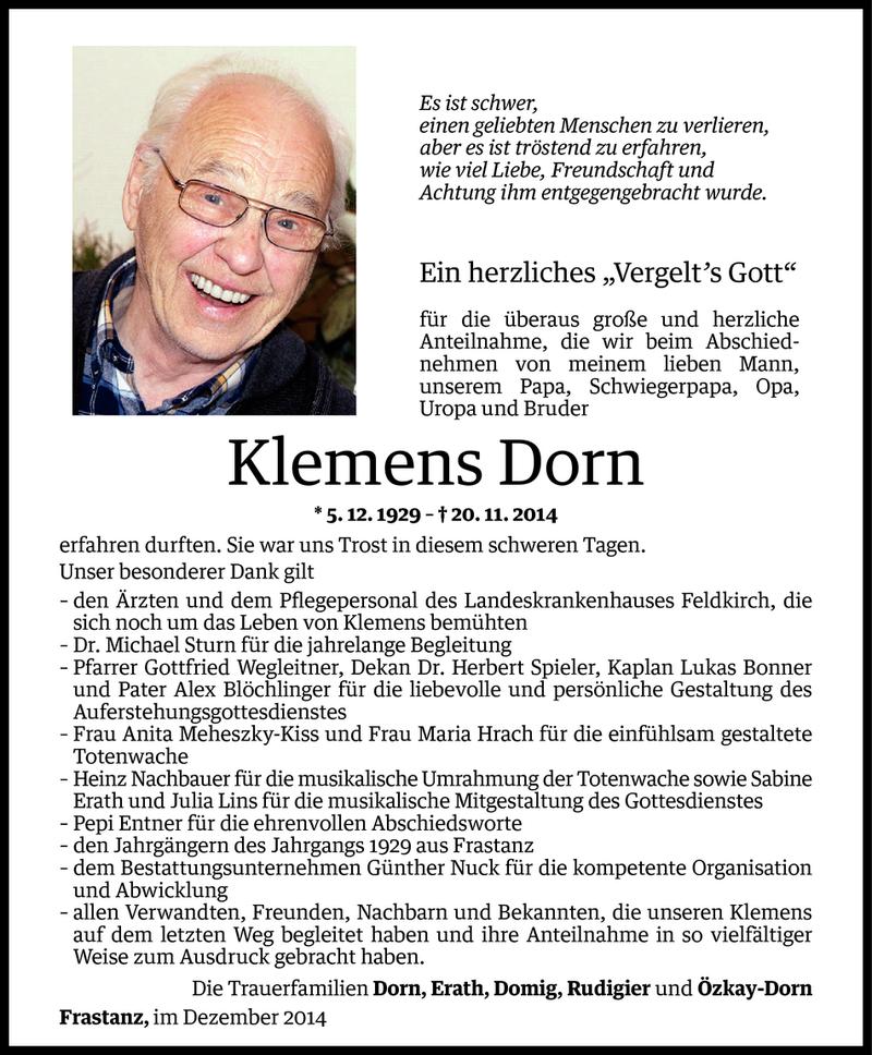  Todesanzeige für Klemens Dorn vom 28.12.2014 aus Vorarlberger Nachrichten