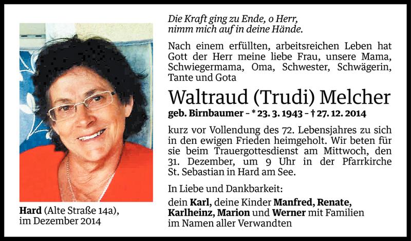  Todesanzeige für Waltraud Melcher vom 28.12.2014 aus Vorarlberger Nachrichten