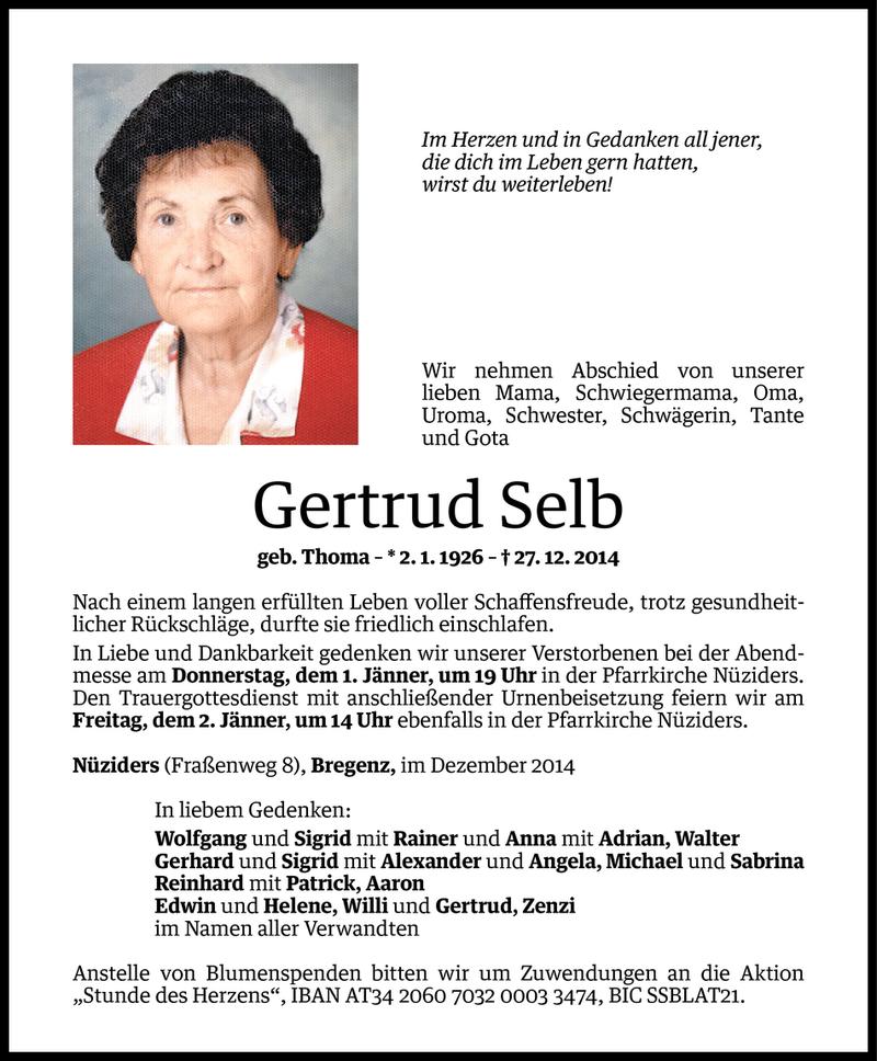  Todesanzeige für Gertrud Selb vom 30.12.2014 aus Vorarlberger Nachrichten