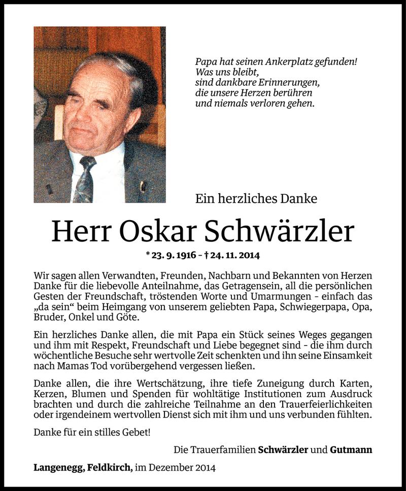  Todesanzeige für Oskar Schwärzler vom 29.12.2014 aus Vorarlberger Nachrichten