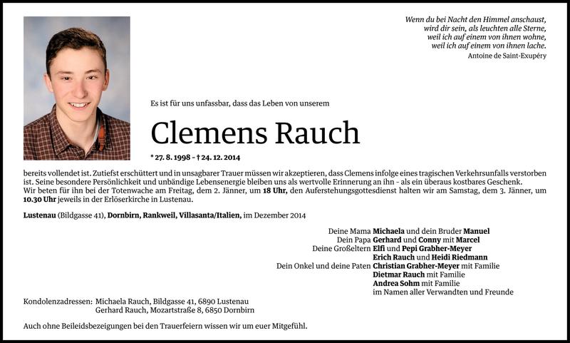  Todesanzeige für Clemens Rauch vom 29.12.2014 aus Vorarlberger Nachrichten