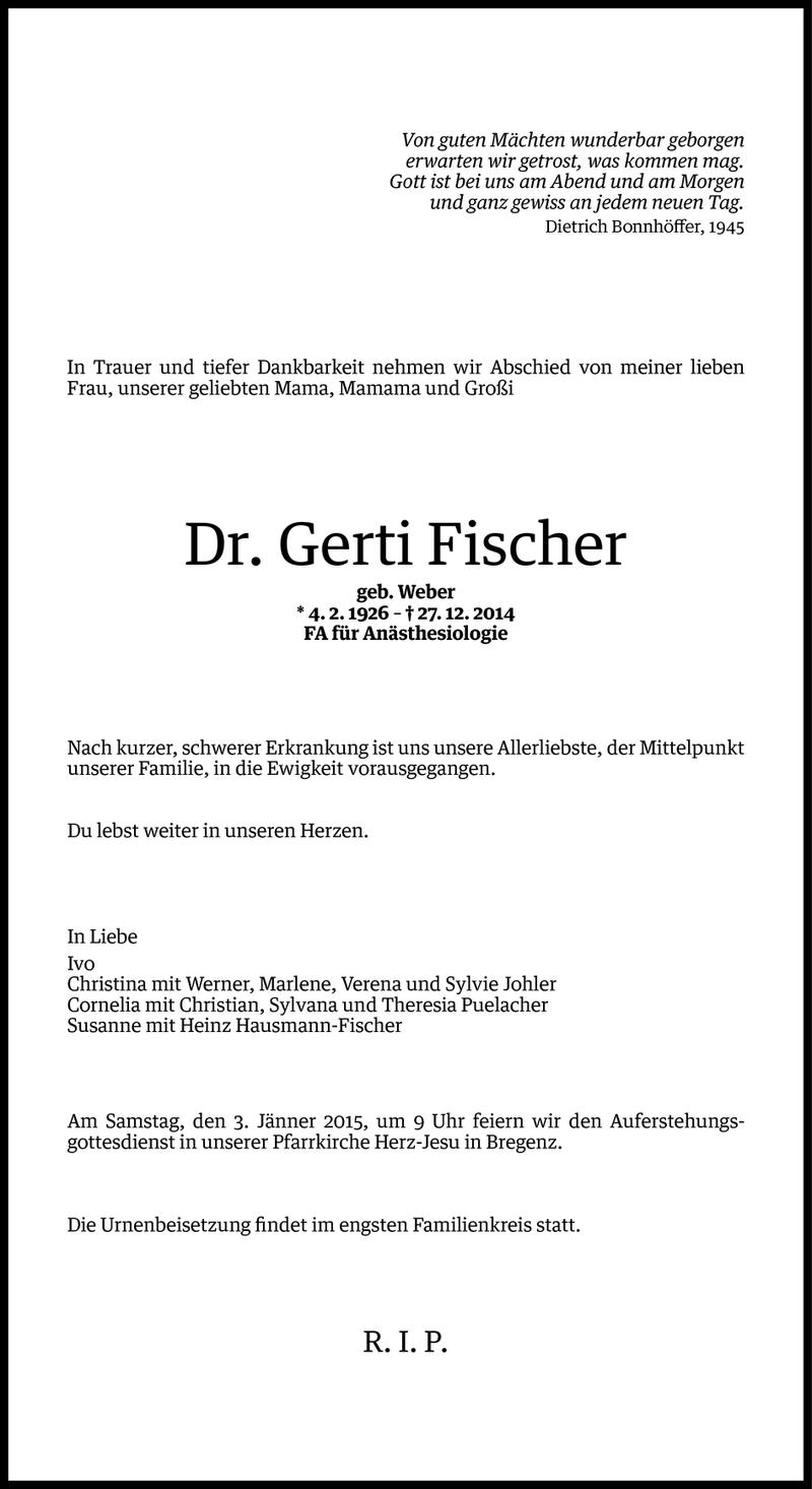  Todesanzeige für Gerti Fischer vom 29.12.2014 aus Vorarlberger Nachrichten