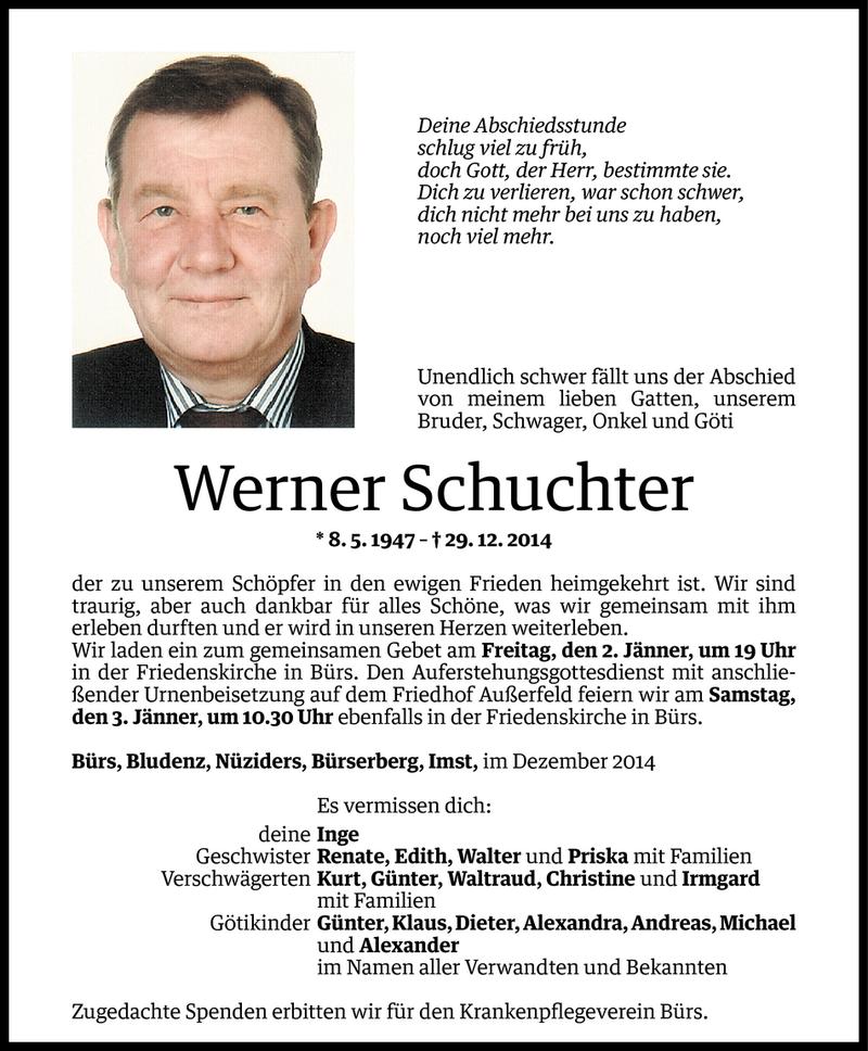  Todesanzeige für Werner Schuchter vom 31.12.2014 aus Vorarlberger Nachrichten