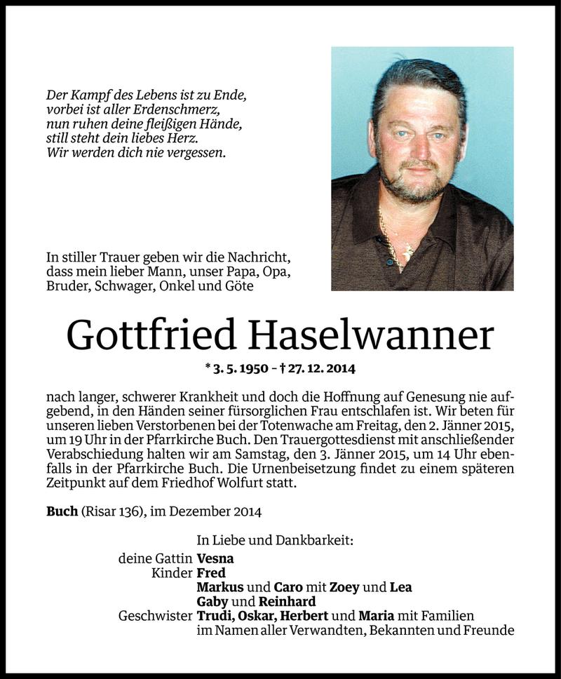  Todesanzeige für Gottfried Haselwanner vom 30.12.2014 aus Vorarlberger Nachrichten