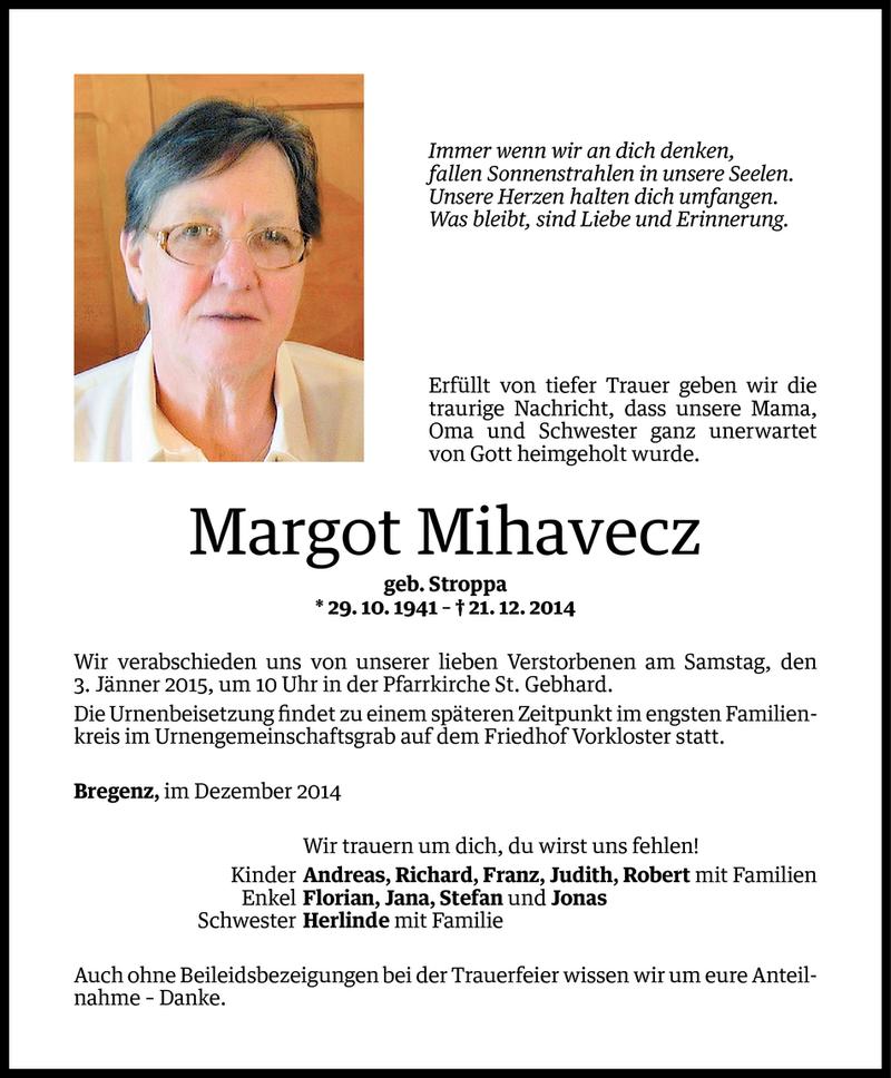  Todesanzeige für Margot Mihavecz vom 30.12.2014 aus Vorarlberger Nachrichten