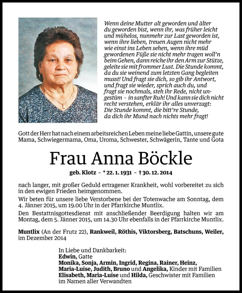  Todesanzeige für Anna Böckle vom 31.12.2014 aus Vorarlberger Nachrichten