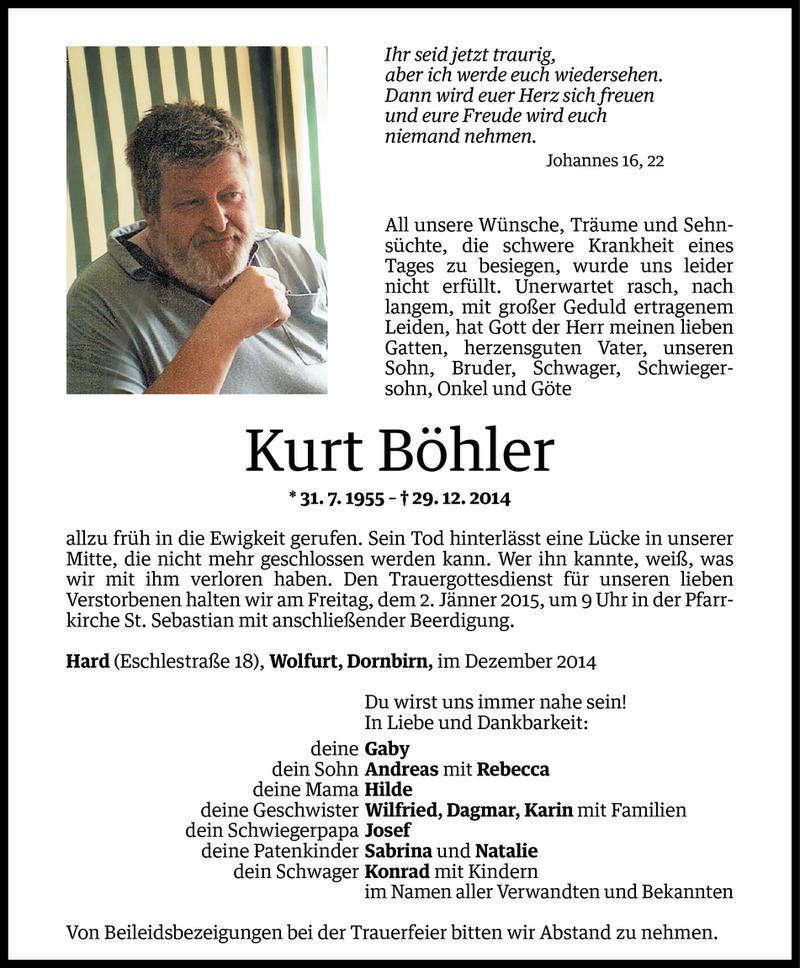  Todesanzeige für Kurt Böhler vom 31.12.2014 aus Vorarlberger Nachrichten