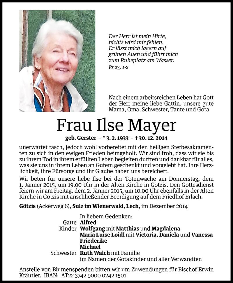  Todesanzeige für Ilse Mayer vom 31.12.2014 aus Vorarlberger Nachrichten