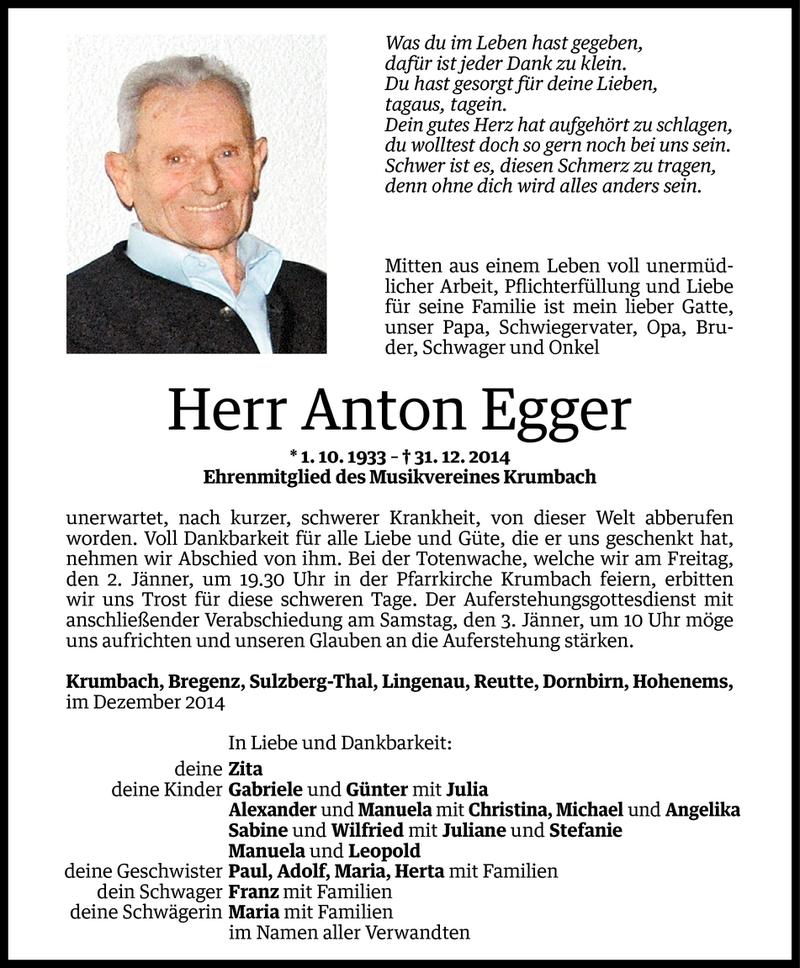  Todesanzeige für Anton Egger vom 01.01.2015 aus Vorarlberger Nachrichten