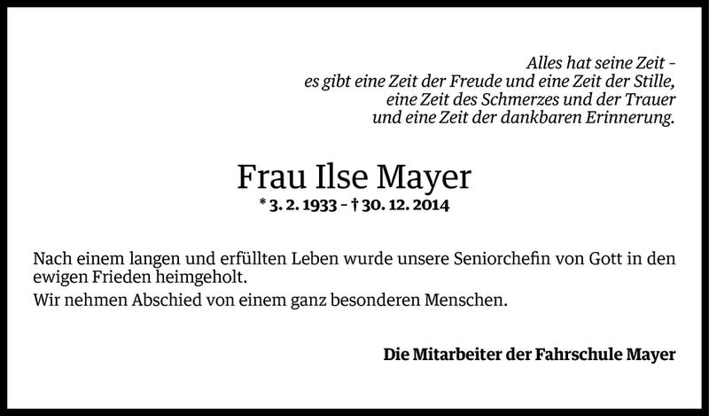  Todesanzeige für Ilse Mayer vom 01.01.2015 aus Vorarlberger Nachrichten