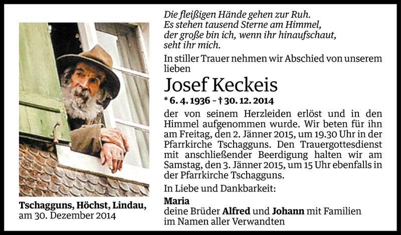  Todesanzeige für Josef Keckeis vom 01.01.2015 aus Vorarlberger Nachrichten