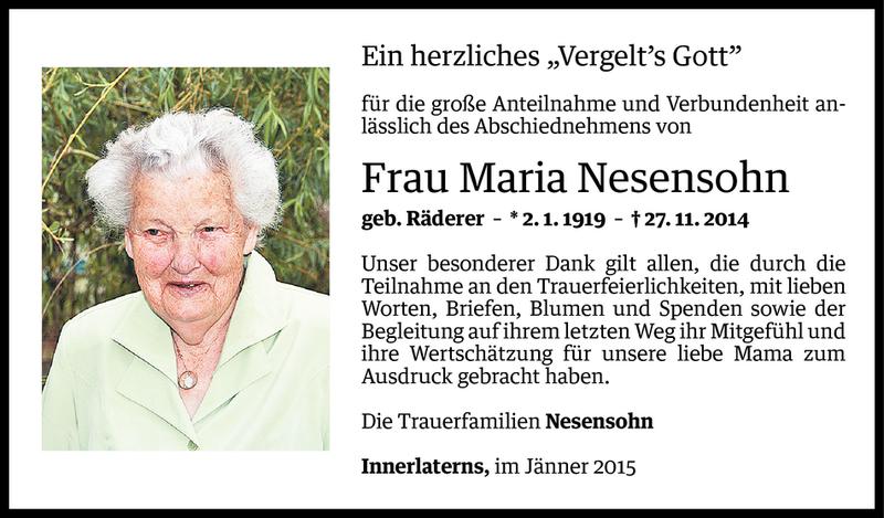  Todesanzeige für Maria Nesensohn vom 02.01.2015 aus Vorarlberger Nachrichten