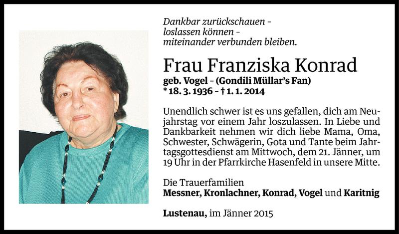  Todesanzeige für Franziska Konrad vom 02.01.2015 aus Vorarlberger Nachrichten