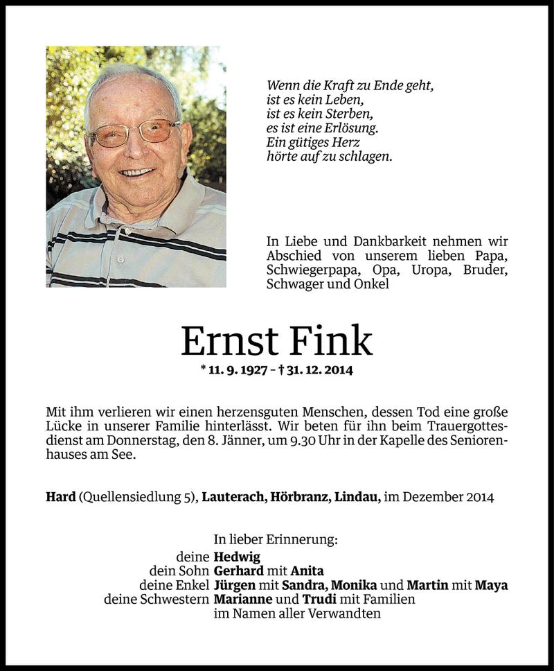  Todesanzeige für Ernst Fink vom 02.01.2015 aus Vorarlberger Nachrichten