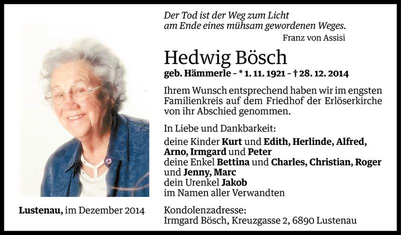  Todesanzeige für Hedwig Bösch vom 03.01.2015 aus Vorarlberger Nachrichten