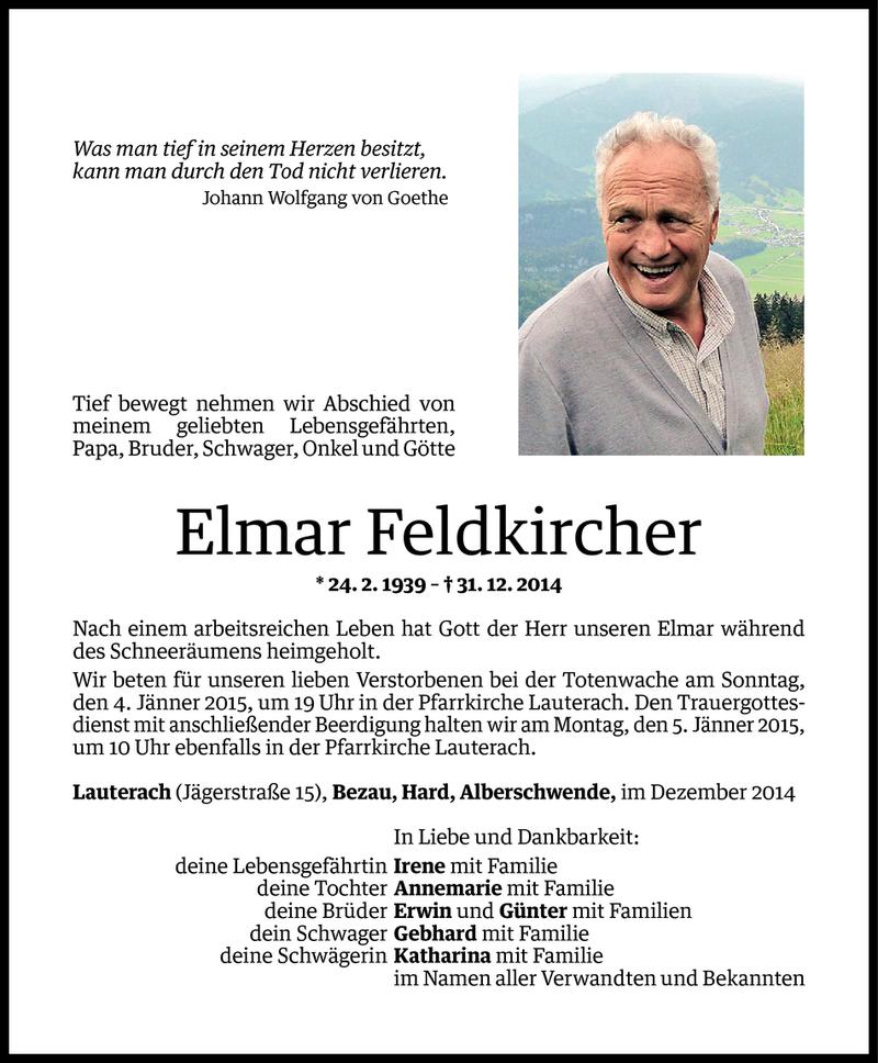  Todesanzeige für Elmar Feldkircher vom 02.01.2015 aus Vorarlberger Nachrichten