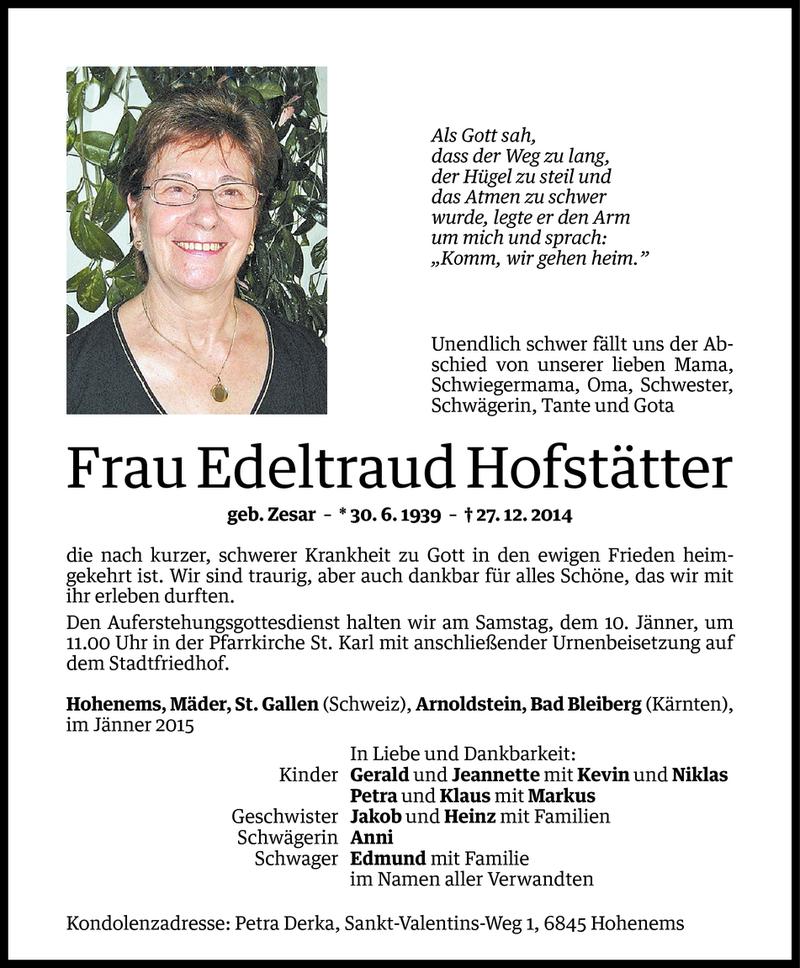  Todesanzeige für Edeltraud Hofstätter vom 07.01.2015 aus Vorarlberger Nachrichten