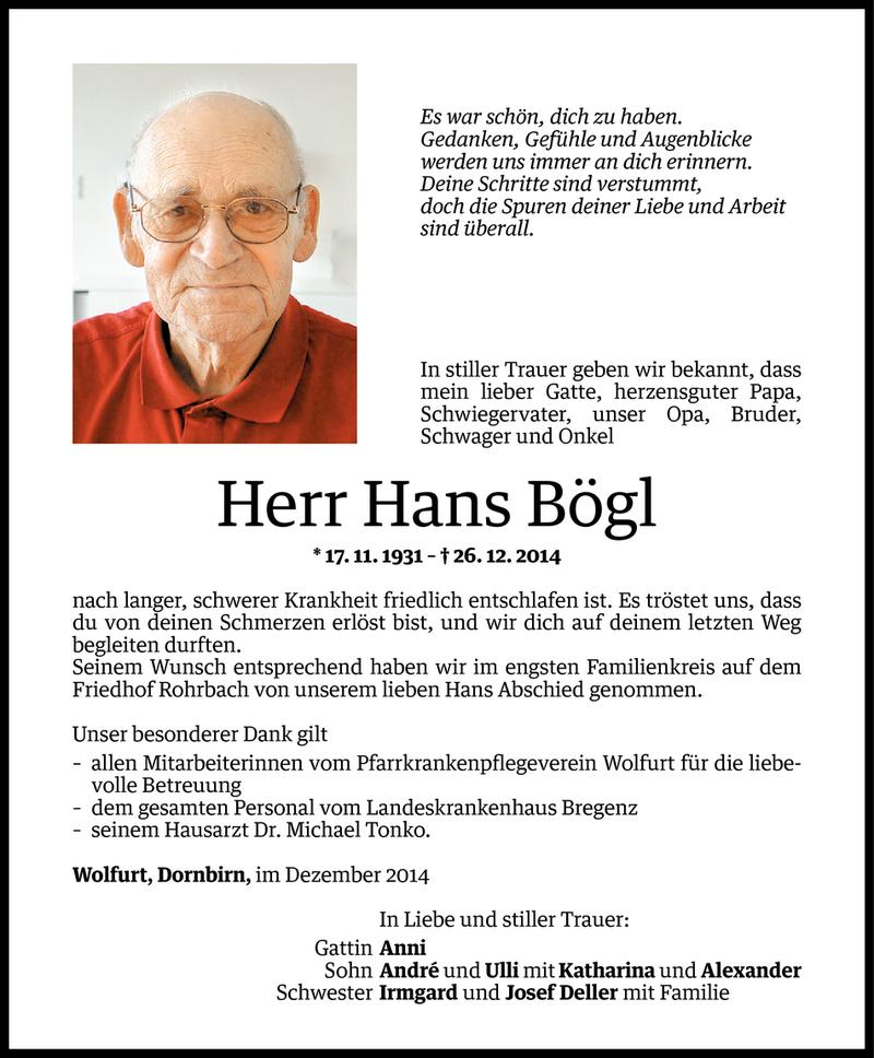  Todesanzeige für Hans Bögl vom 03.01.2015 aus Vorarlberger Nachrichten