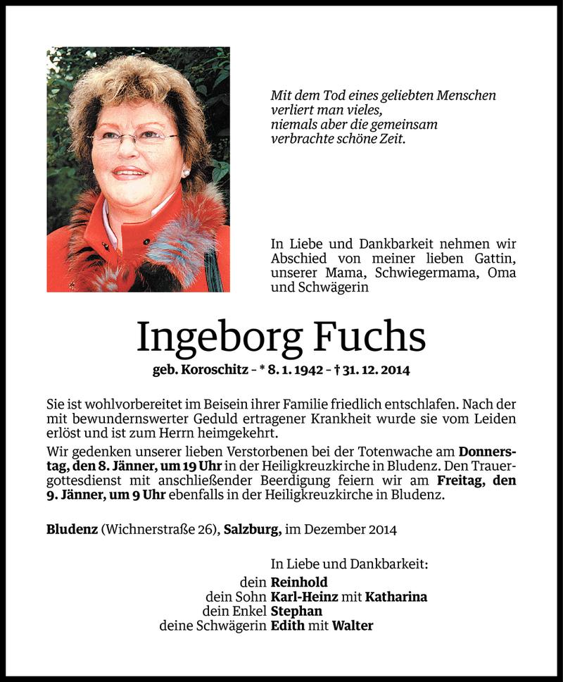  Todesanzeige für Ingeborg Fuchs vom 05.01.2015 aus Vorarlberger Nachrichten